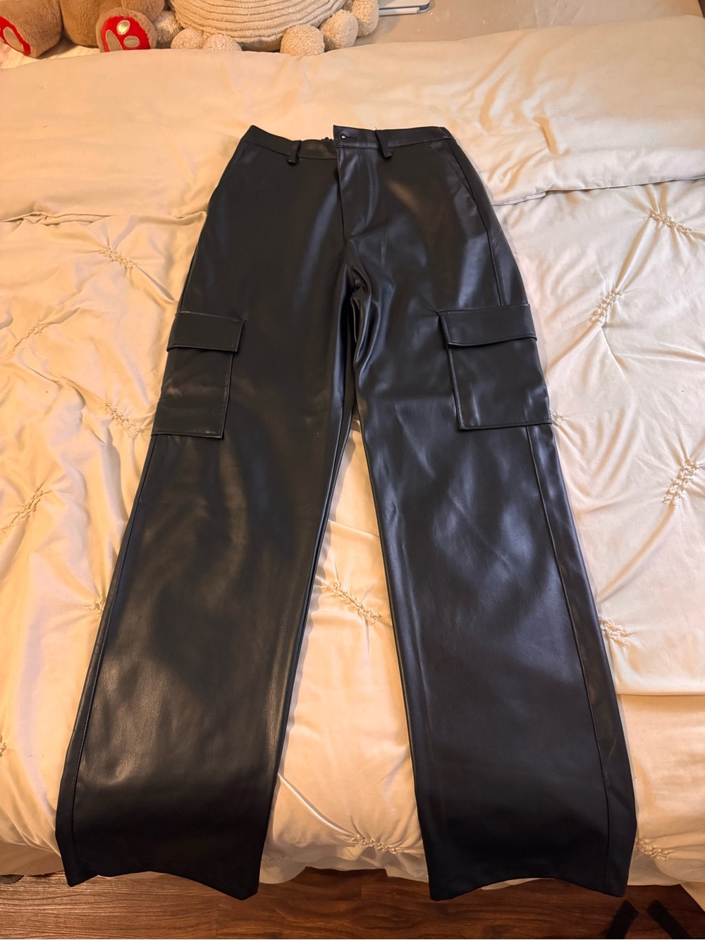 Love Tree Black Faux Leather Cargo Pants